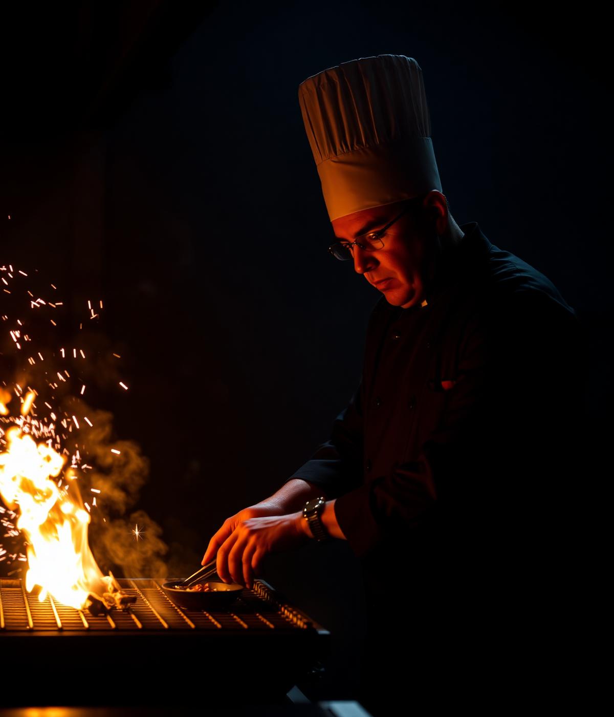 Chef preparando prato ao carvão